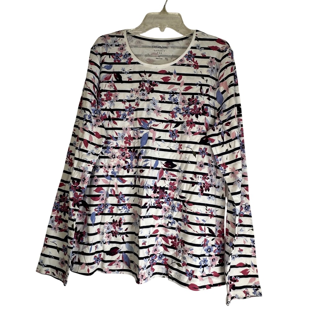 Croft & Barrow Womens Large Floral Striped Long Sleeve Cotton Classic Tee NWT